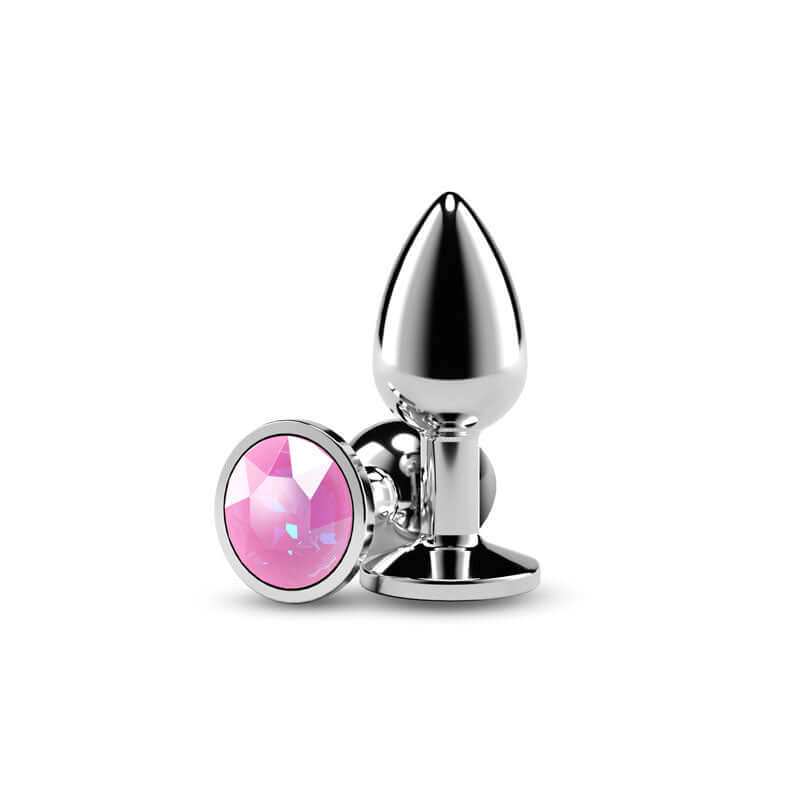 Rear Assets Silver Anal Plug Medium Pink Gem featuring a chrome finish and a decorative pink gemstone.