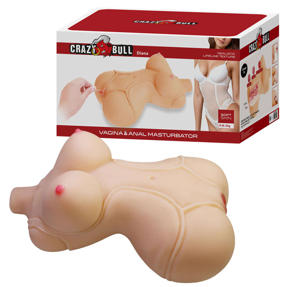 Diana Vagina & Anal Lifelike Masturbator White displayed with packaging, showcasing its realistic texture and design.