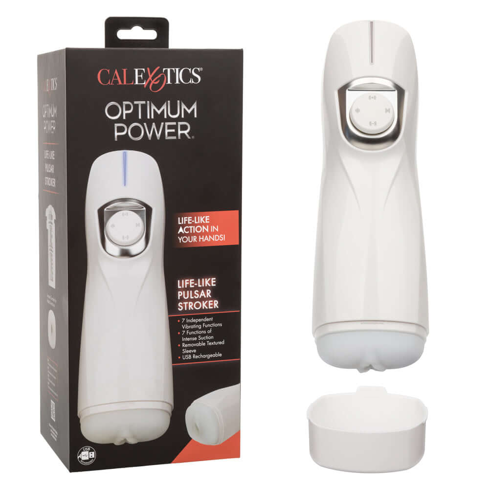 Optimum Power Lifelike Pulsar Stroker in white with packaging showing advanced features and rechargeable design