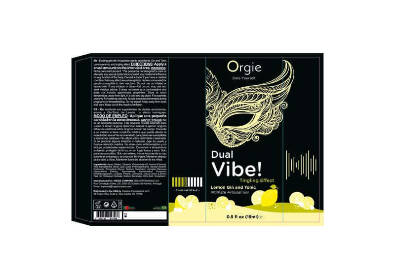Orgie Dual Vibe Gin & Tonic Lemon Kissable Liquid Vibrator 15 ml packaging with vibrant design and flavor details.