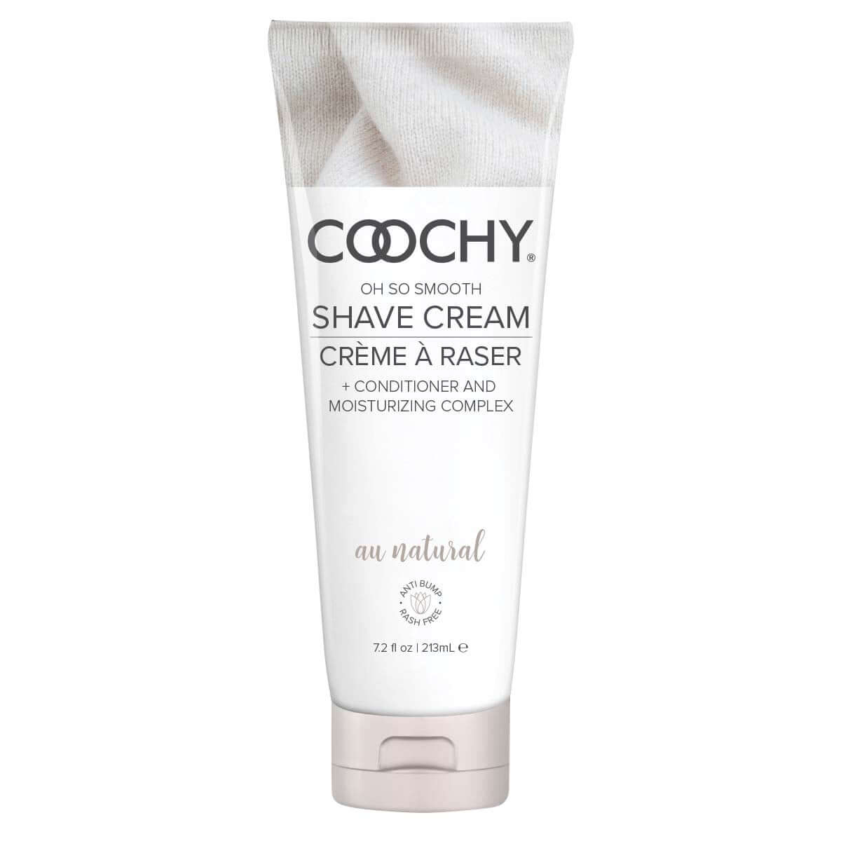 Coochy Shave Cream Au Natural 7.2 Oz packaging featuring a premium, fragrance-free shaving formula for sensitive skin.