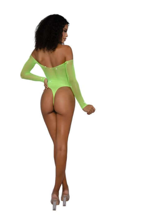 Dreamgirl Rhinestone Off Shoulder Bodystocking OS Neon Lime showcasing a model from the back, featuring vibrant neon lime color and rhinestone details.