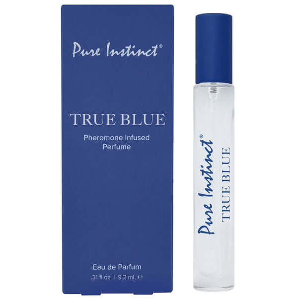 Pure Instinct Pheromone Perfume Spray True Blue 0.31 Oz product with packaging and spray bottle.