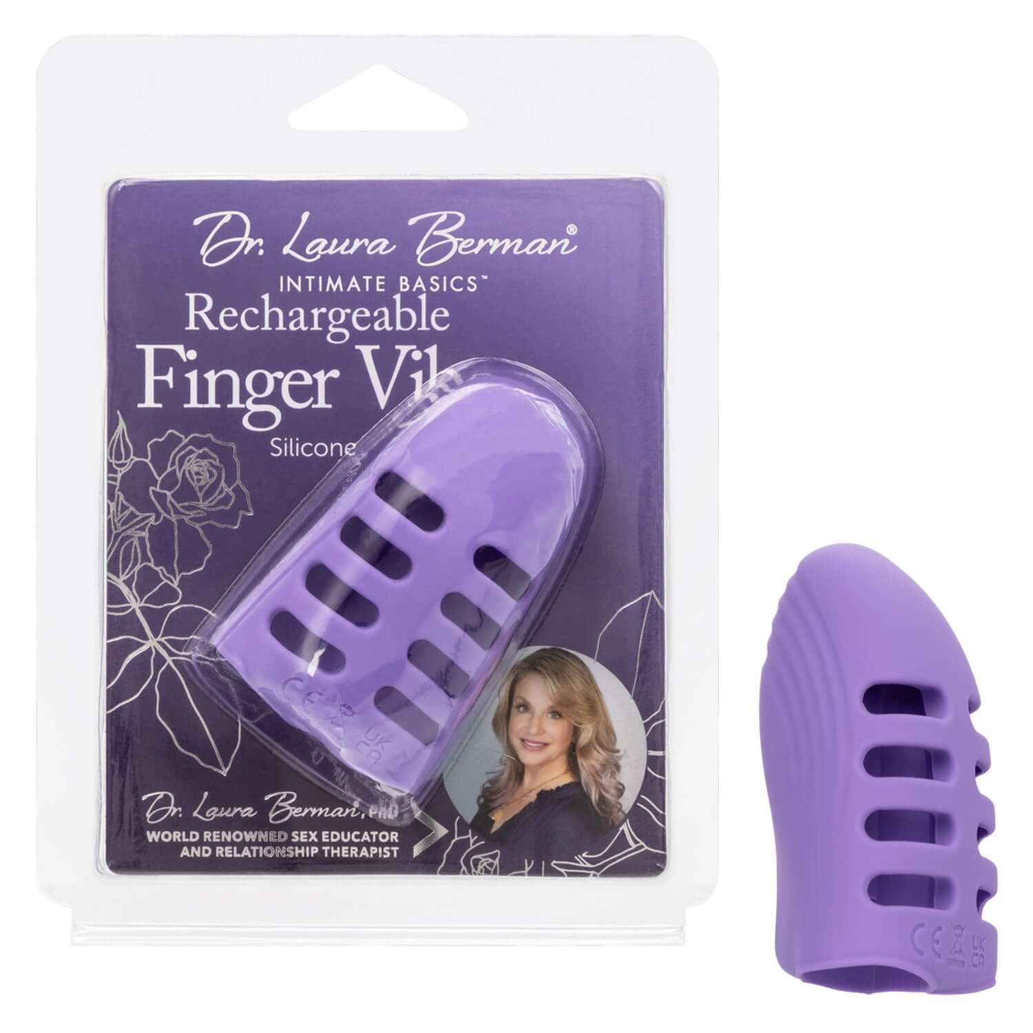 Dr. Laura Berman Rechargeable Finger Vibe in packaging and purple silicone vibrator sleeve on display.
