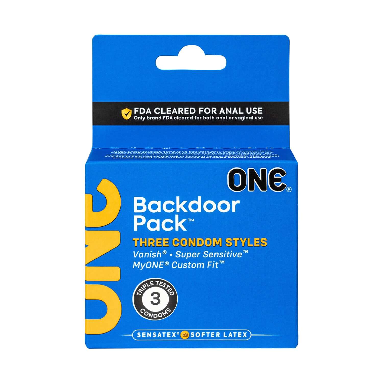 ONE Backdoor Pack 3 Count Condoms – FDA cleared, triple-tested condoms with Sensatex for anal use, offering supreme comfort and fit.