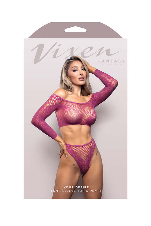 Your Desire Long Sleeve Top and Panty - Os - Magenta-0
