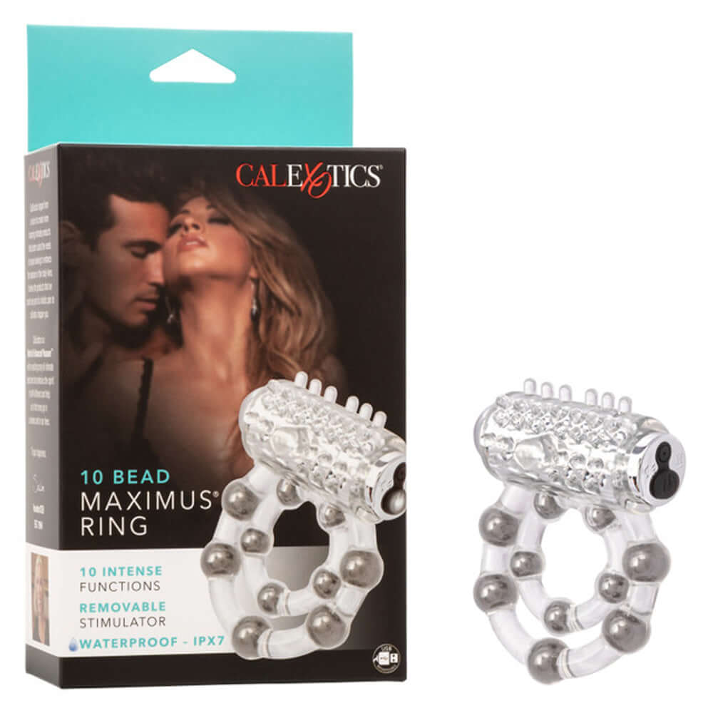 Maximus Enhancement Ring 10 Beads Rechargeable packaging showing waterproof design and removable stimulator features.