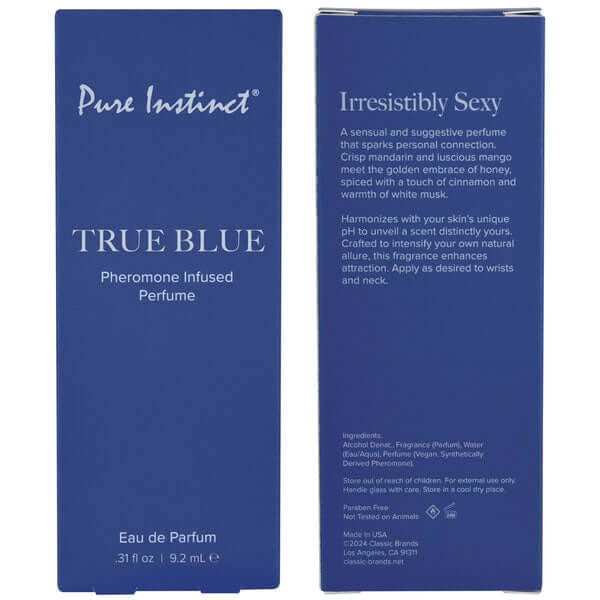 Pure Instinct Pheromone Perfume Spray True Blue 0.31 Oz packaging, highlighting its irresistibly sexy fragrance.