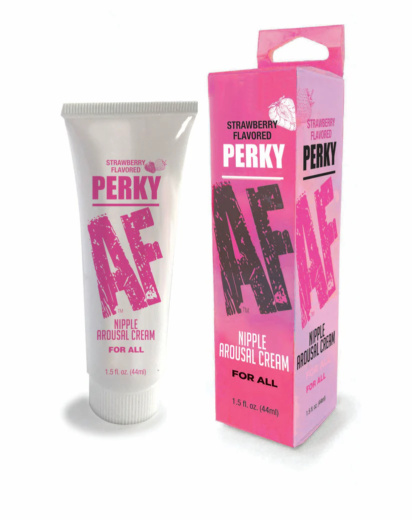 Perky Af Nipple Arousal Cream Strawberry 1.5 Oz packaging and tube displayed with strawberry flavor.