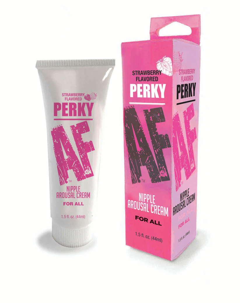 Perky Af Nipple Arousal Cream Strawberry 1.5 Oz packaging and tube displayed with strawberry flavor.