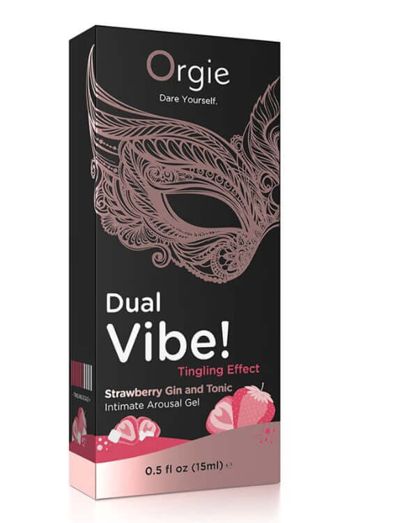 Orgie Dual Vibe Gin & Tonic Strawberry Kissable Liquid Vibrator 15 ml packaging with aromatic gel details.
