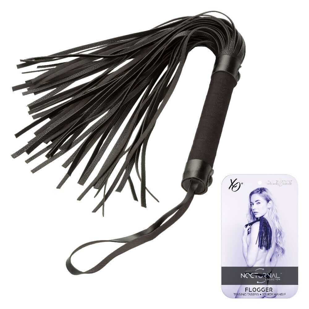 Nocturnal Collection Flogger with black soft teasing tassels and sturdy handle for sensory play, product packaging displayed.