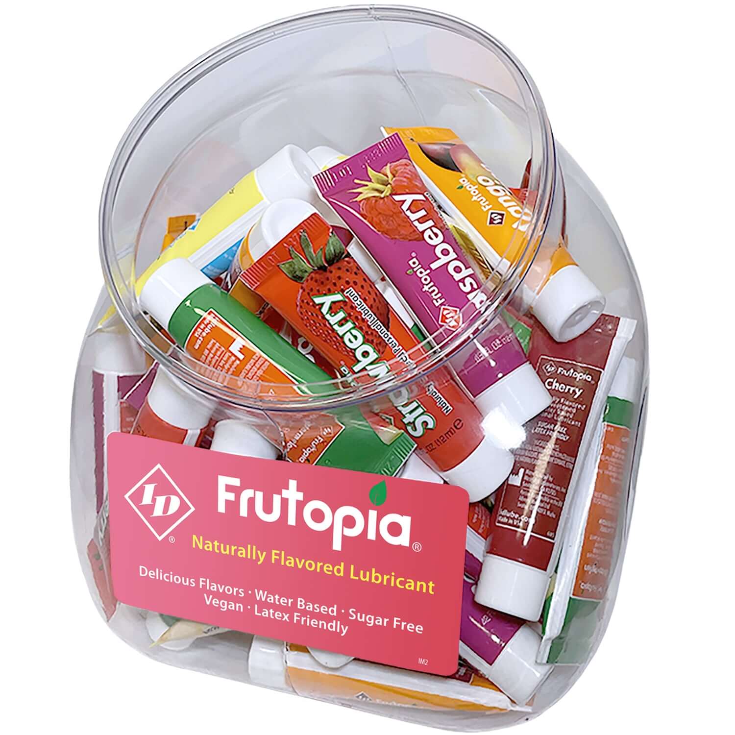 Frutopia 12ml Assorted Tubes Jar with 72 naturally flavored, sugar-free, vegan, and latex-friendly lubricants in cherry, strawberry, and more.