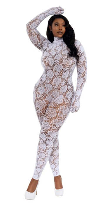 Dreamgirl Gloved Bodystocking Dmnd Queen Size White on model showcasing elegant design and fit.