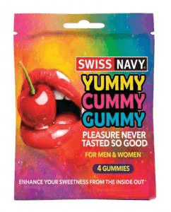 Yummy Cummy Gummy 4 Pc Packet packaging featuring vibrant colors and playful design, suitable for parties and adult-themed events.