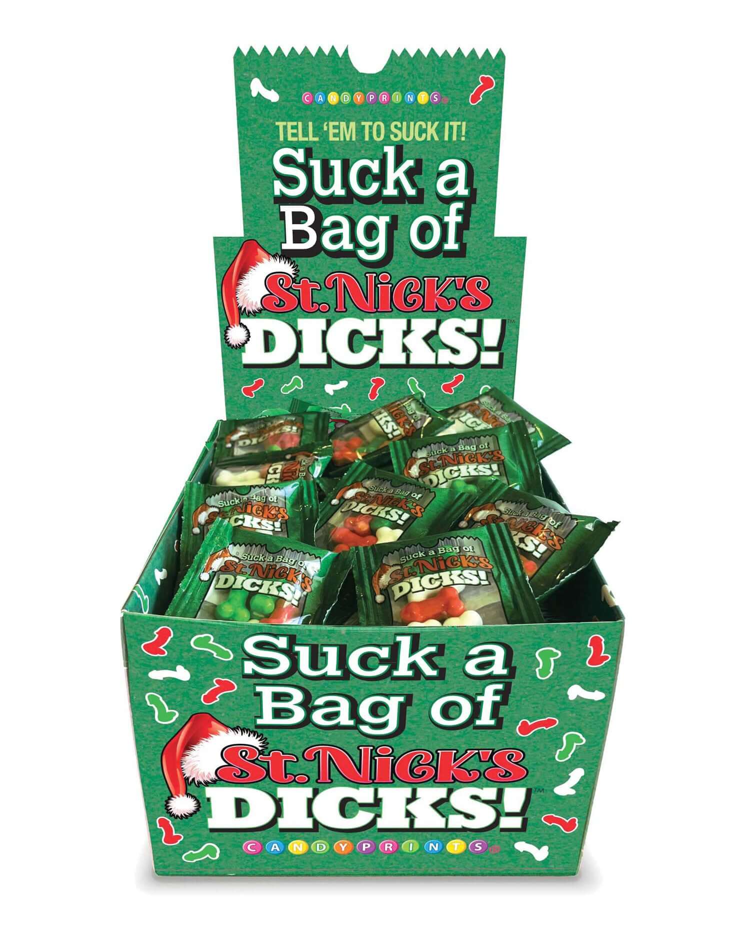Festive St. Nick's Dicks candy display box with 100 mini-packs for holiday cheer.