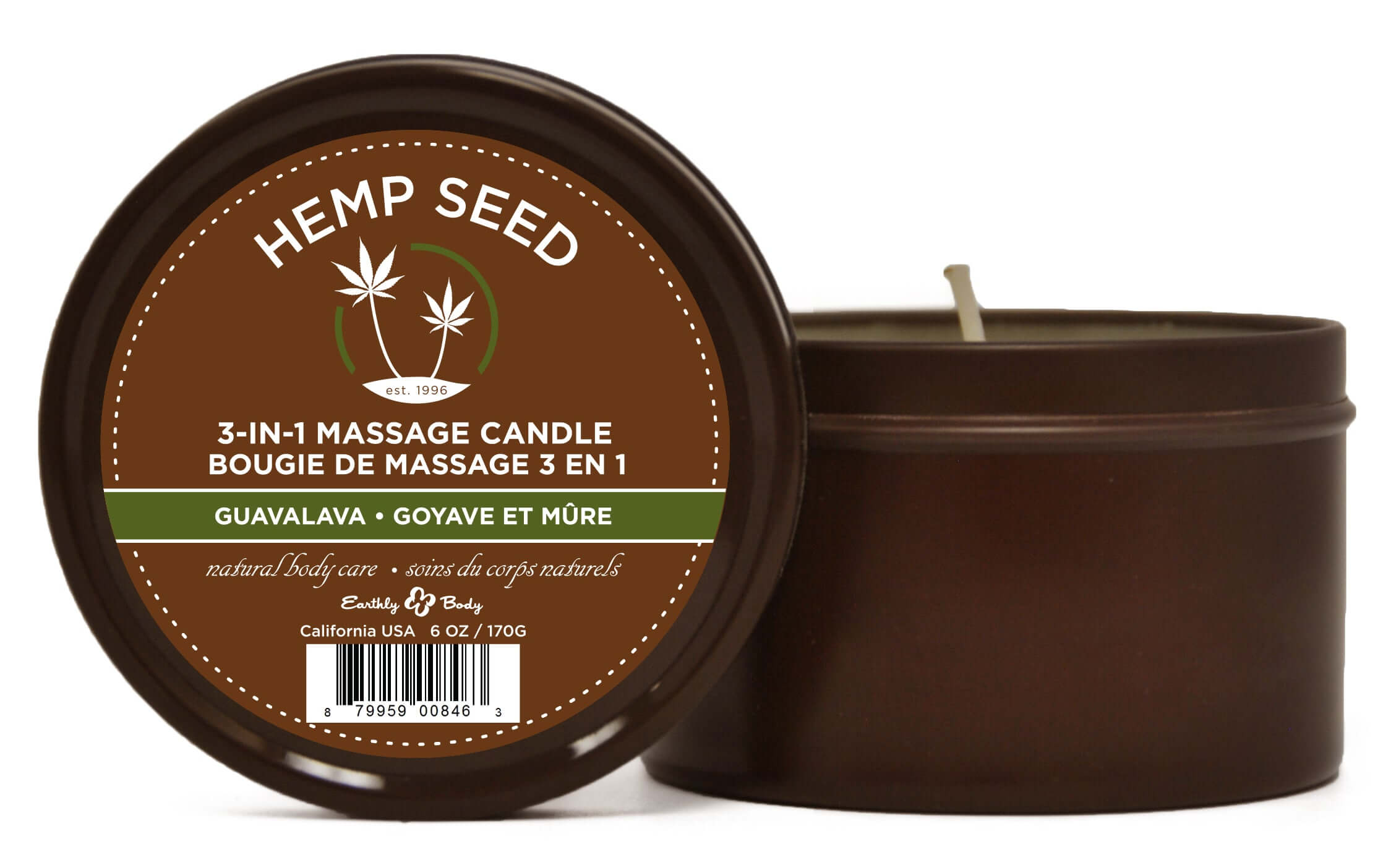 3-in-1 Massage Candle Guavalava 6 Oz in a brown jar with a hemp seed label.