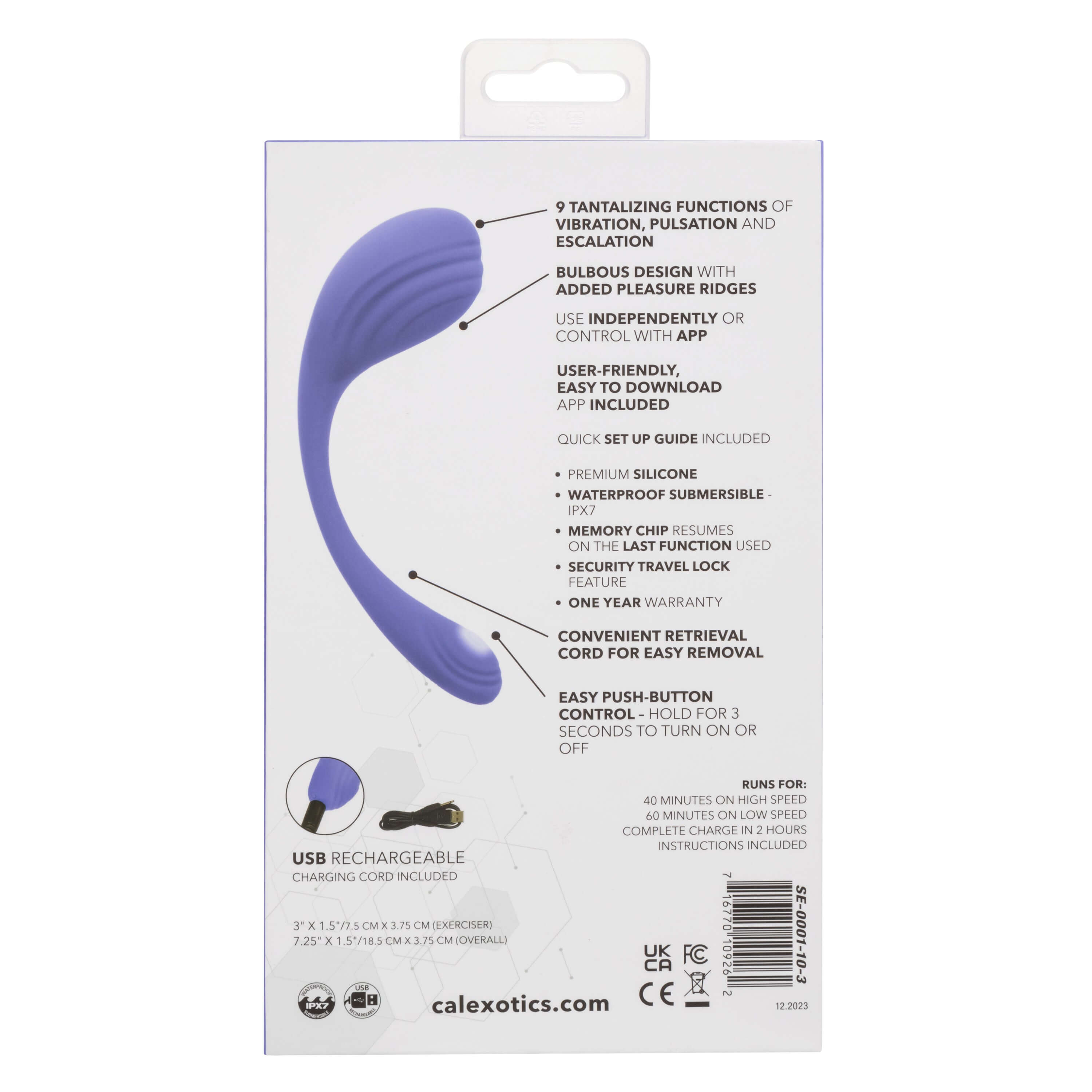 Back view of Calexotics Connect Kegel Exerciser in Periwinkle, showcasing features like vibration functions, USB rechargeability, and app control.