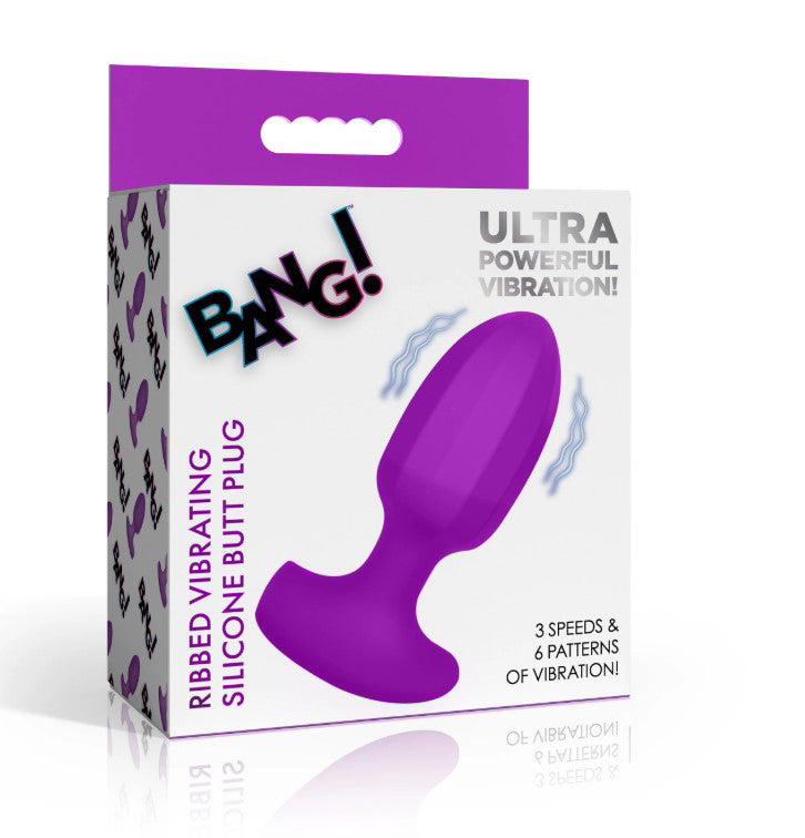Bang Ribbed Vibrating Silicone Butt Plug Purple packaging with text about powerful vibration and features.