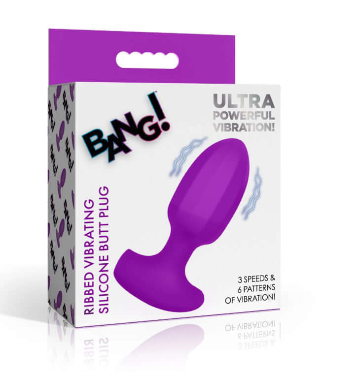 Bang Ribbed Vibrating Silicone Butt Plug Purple packaging with text about powerful vibration and features.