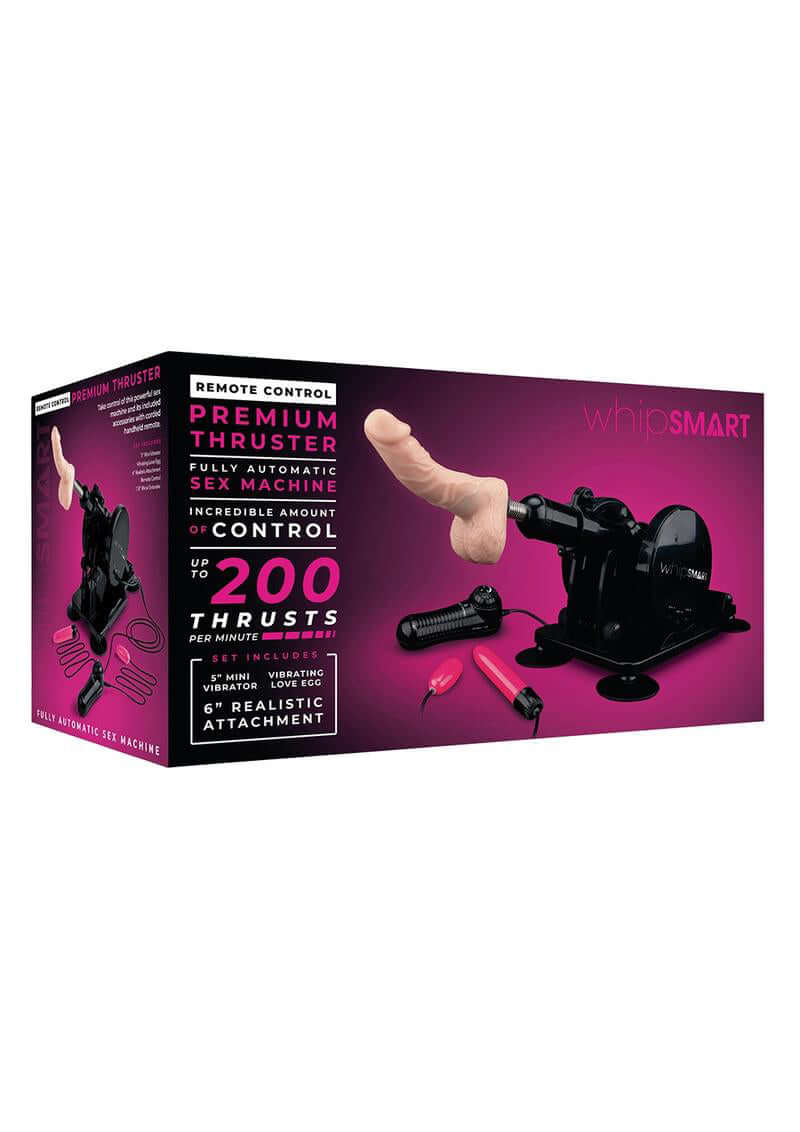 Deluxe Adjustable Sex Machine Set in black packaging, featuring 200 thrusts per minute control and extension rod.