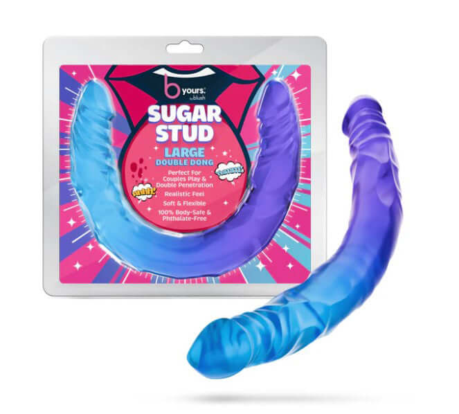 B Yours Sugar Stud Large Double Dong 13.75 inches in vibrant colors, perfect for couples and playful exploration.