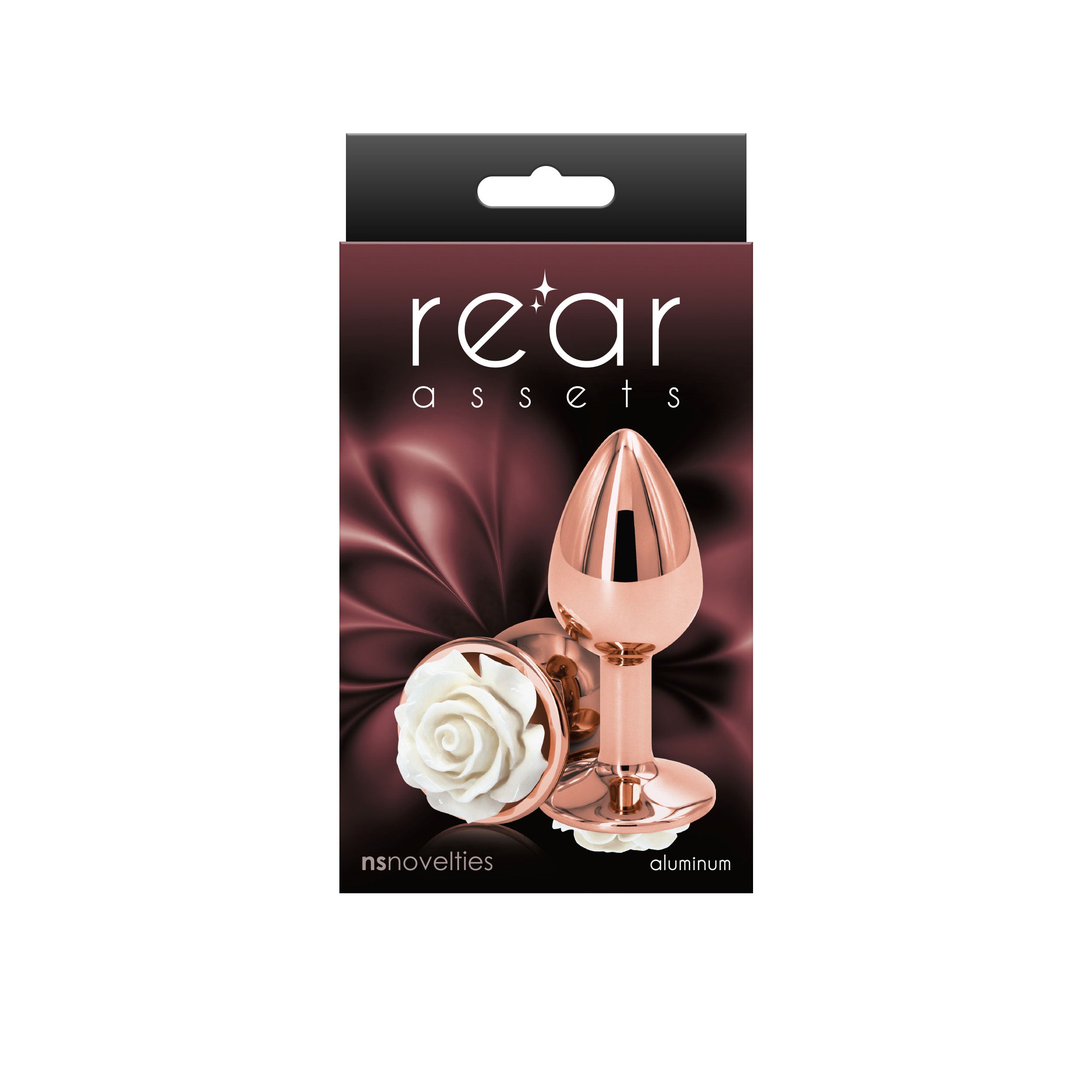Rear Assets Butt Plug Rose Small White packaging featuring a chrome-plated anal toy with a rose design.