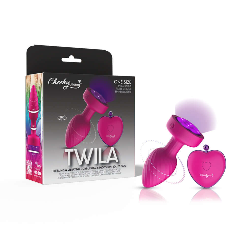 Twila Twirling Purple Gem Light Up Vibrating Plug With Heart Remote in packaging with remote control.