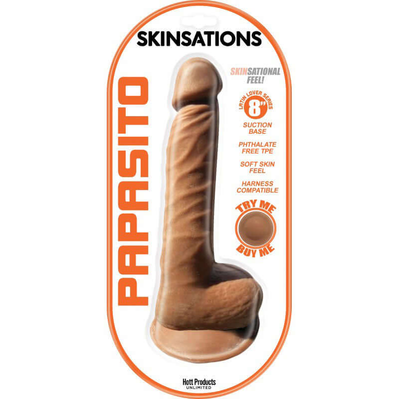 Skinsations Latin Lover Series 8 Inches Papasito, featuring realistic design, suction base, and soft skin feel for ultimate pleasure.