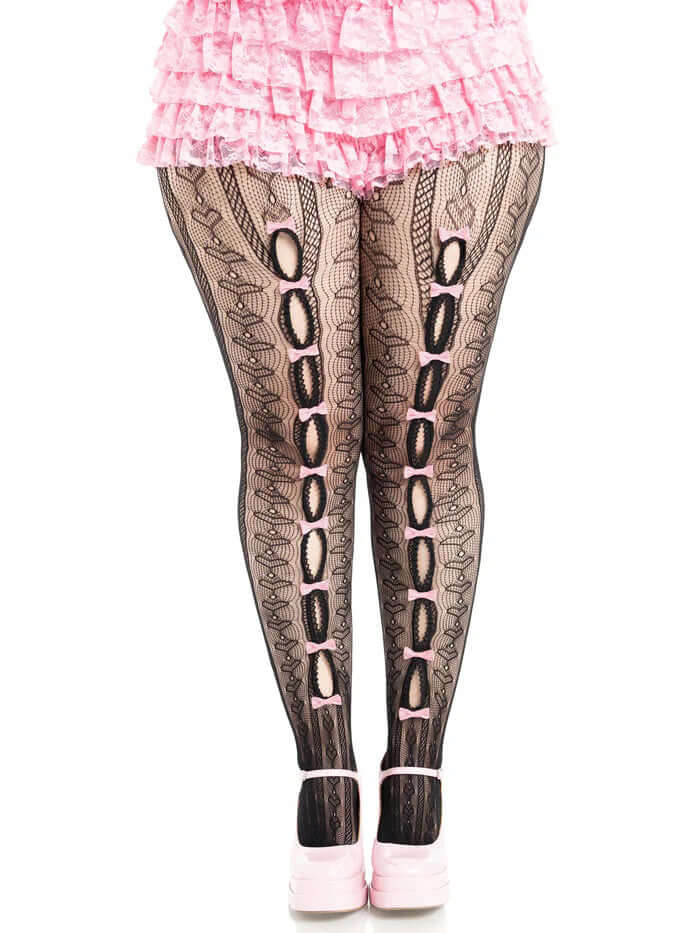 Leg Avenue Sweetheart Striped Tights Plus Size 1X 2X Black Pink featuring playful black and pink striped pattern.