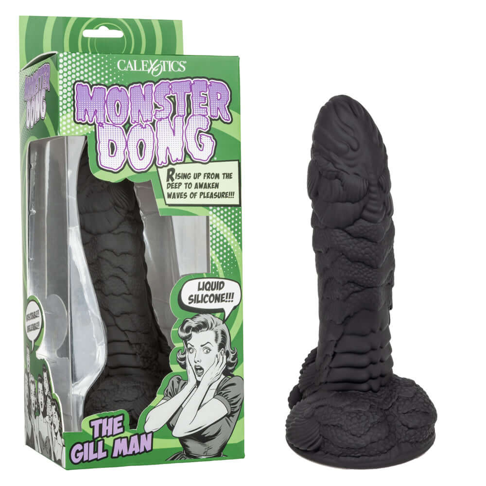 Monster Dong the Gill Man Dildo Black displayed in packaging with bold design and detail, crafted from liquid silicone.