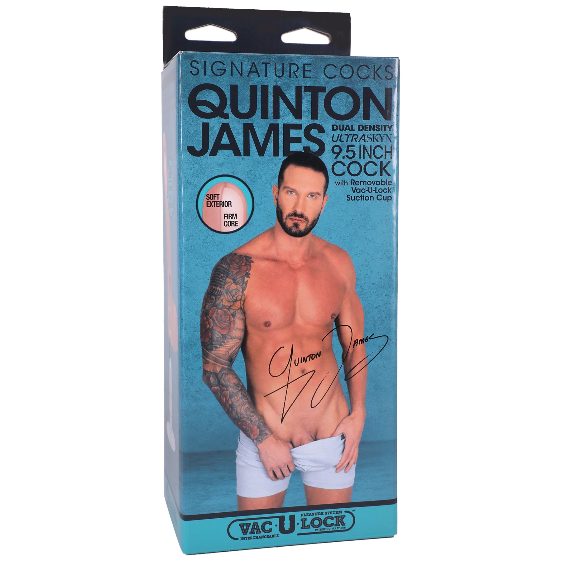 Quinton James Porn Star Dildo 9.5 Inch Ultraskyn Vac-U-Lock packaging showcasing its lifelike design and features.