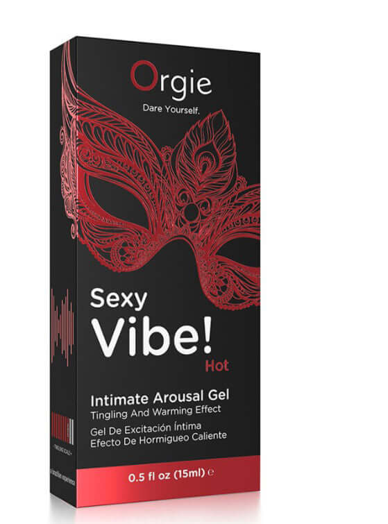 Orgie Sexy Vibe Hot Intimate Arousal Gel 15 ml packaging featuring a playful mask design and warming sensation description.