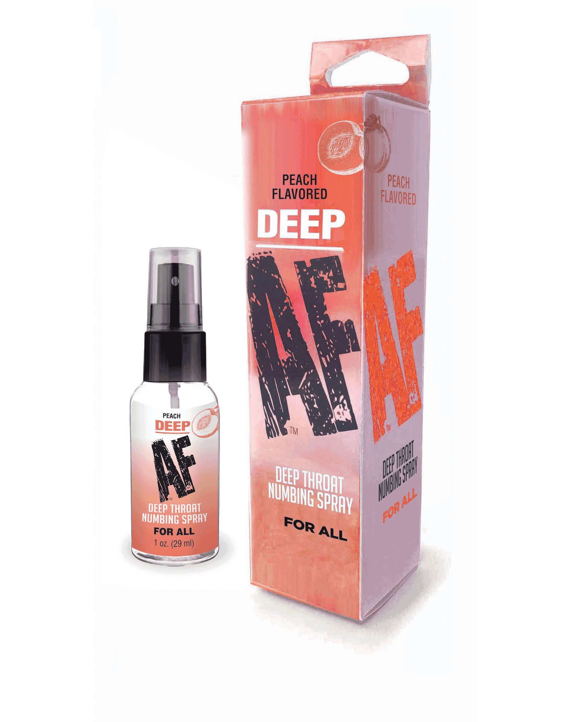 Deep Af Numbing Throat Spray Peach 1 Oz bottle and box packaging on white background