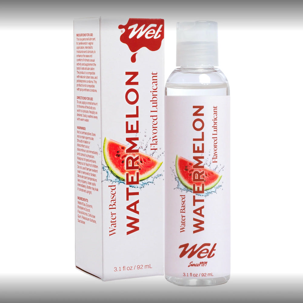 Wet Flavored Juicy Watermelon Lubricant 3.1 Oz bottle and box with watermelon design.