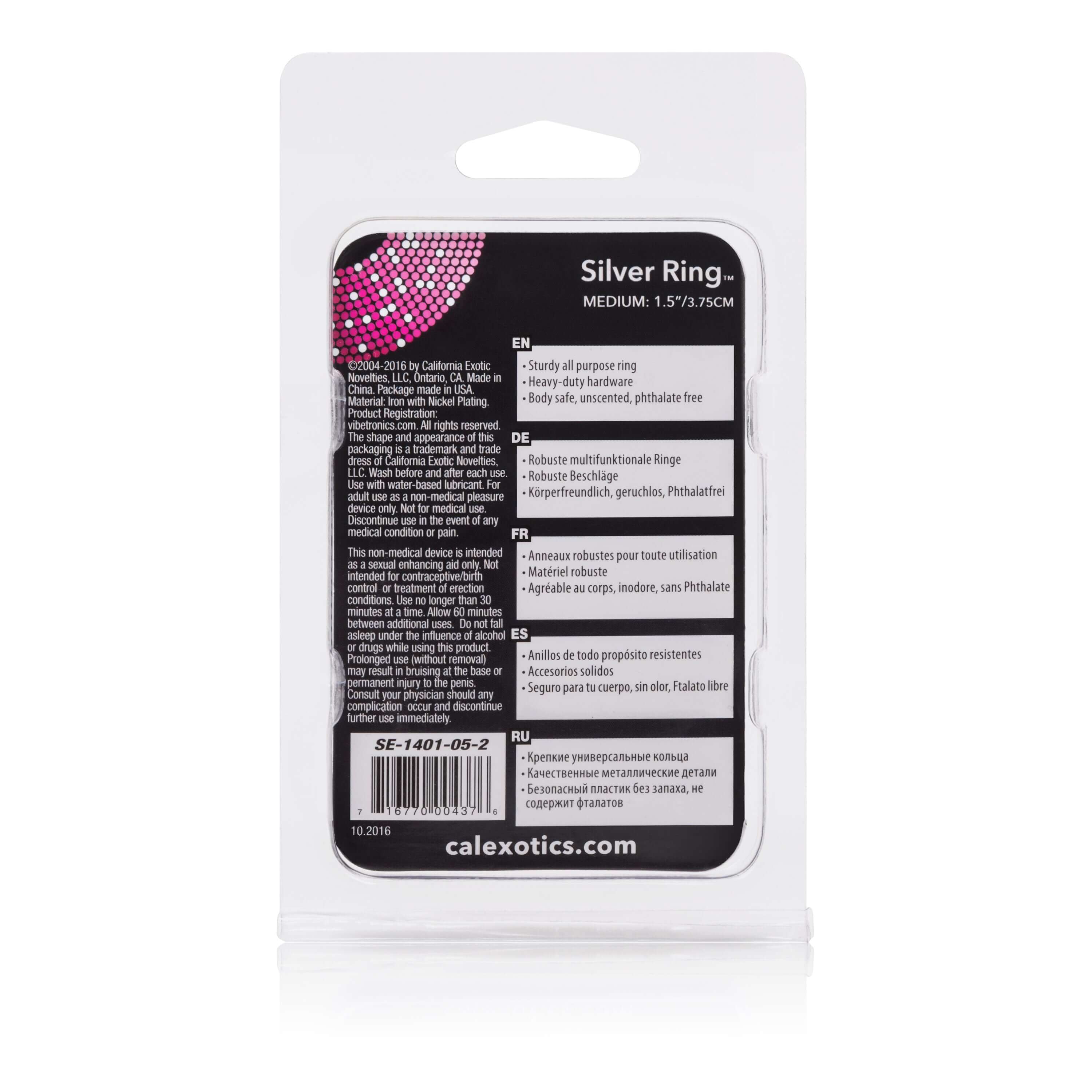 Silver Ring Steel Medium 1.5 Inch packaging with usage instructions and details from California Exotic Novelties.