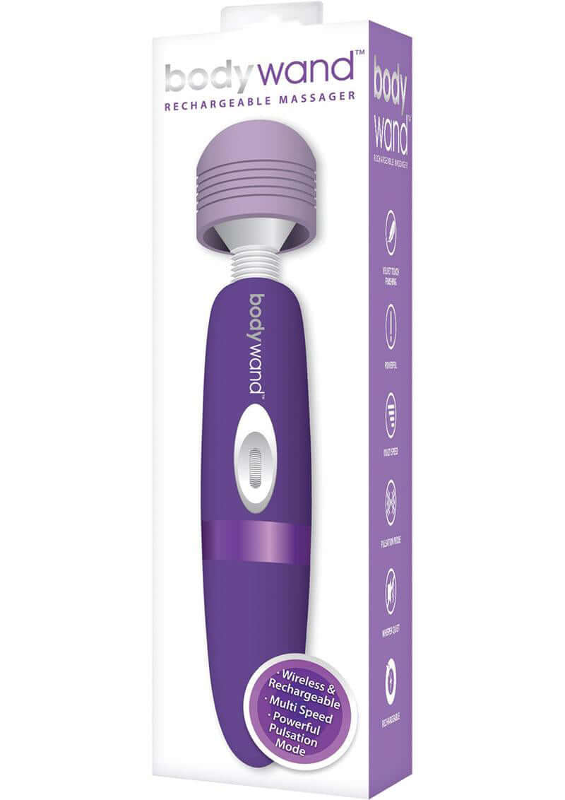 Bodywand Rechargeable Massager Purple in packaging, showcasing a sleek, modern design for powerful full-body massage.