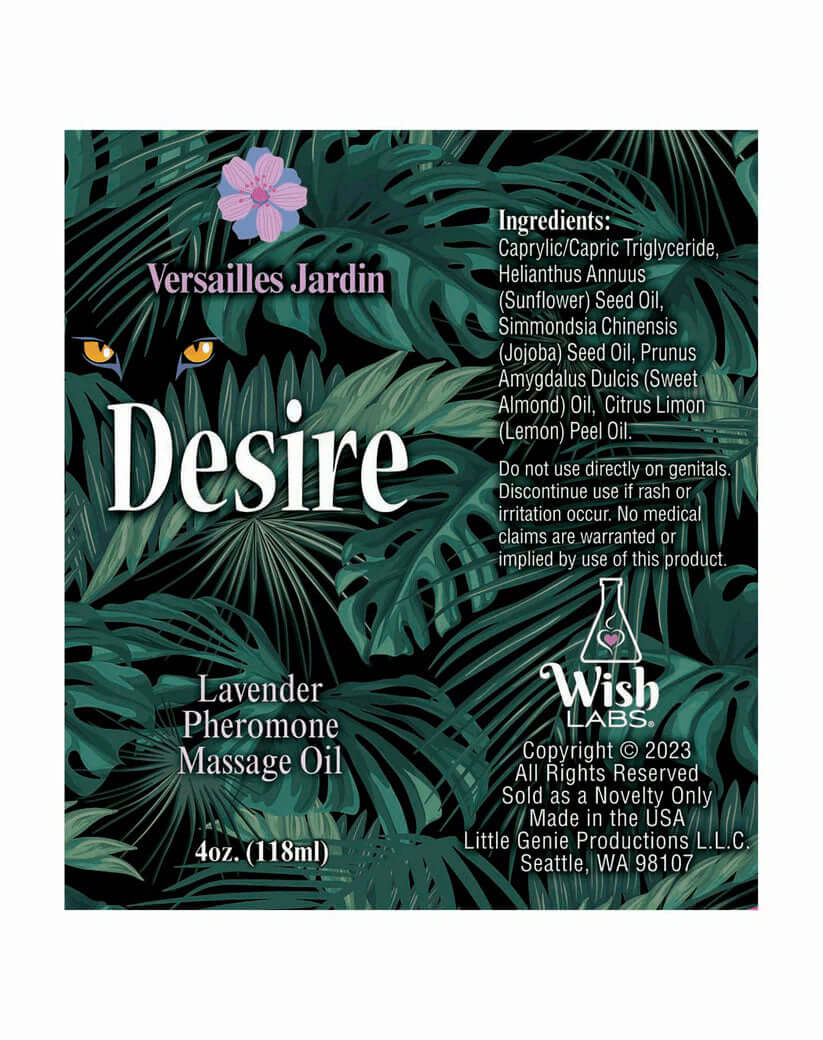 Desire Pheromone Massage Oil Lavender 4 Oz packaging with tropical leaves and ingredients listed.