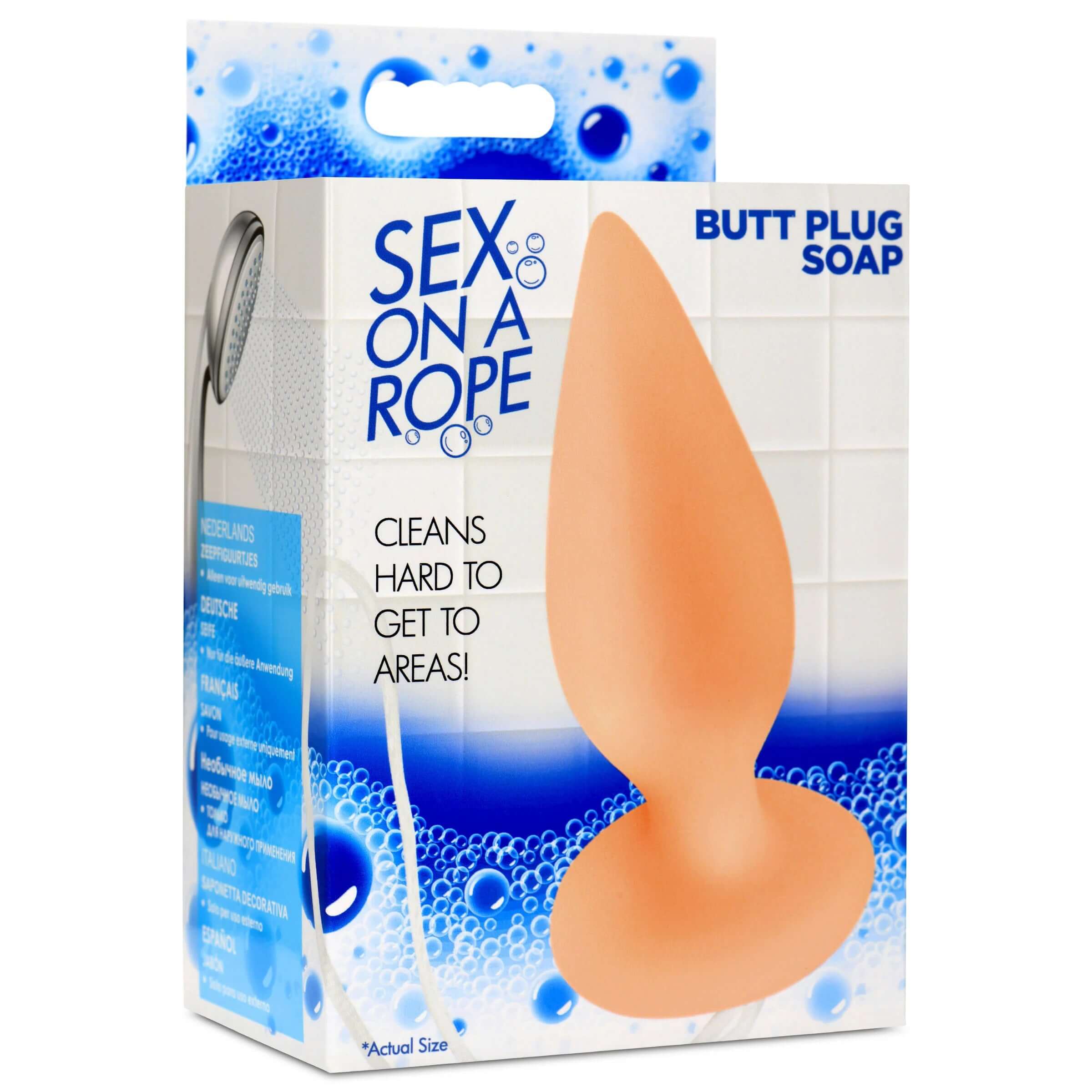 Butt Plug Soap with nylon rope in packaging - Naughty gag gift for friends - Peach colored, lightly scented, and moisturizing soap.