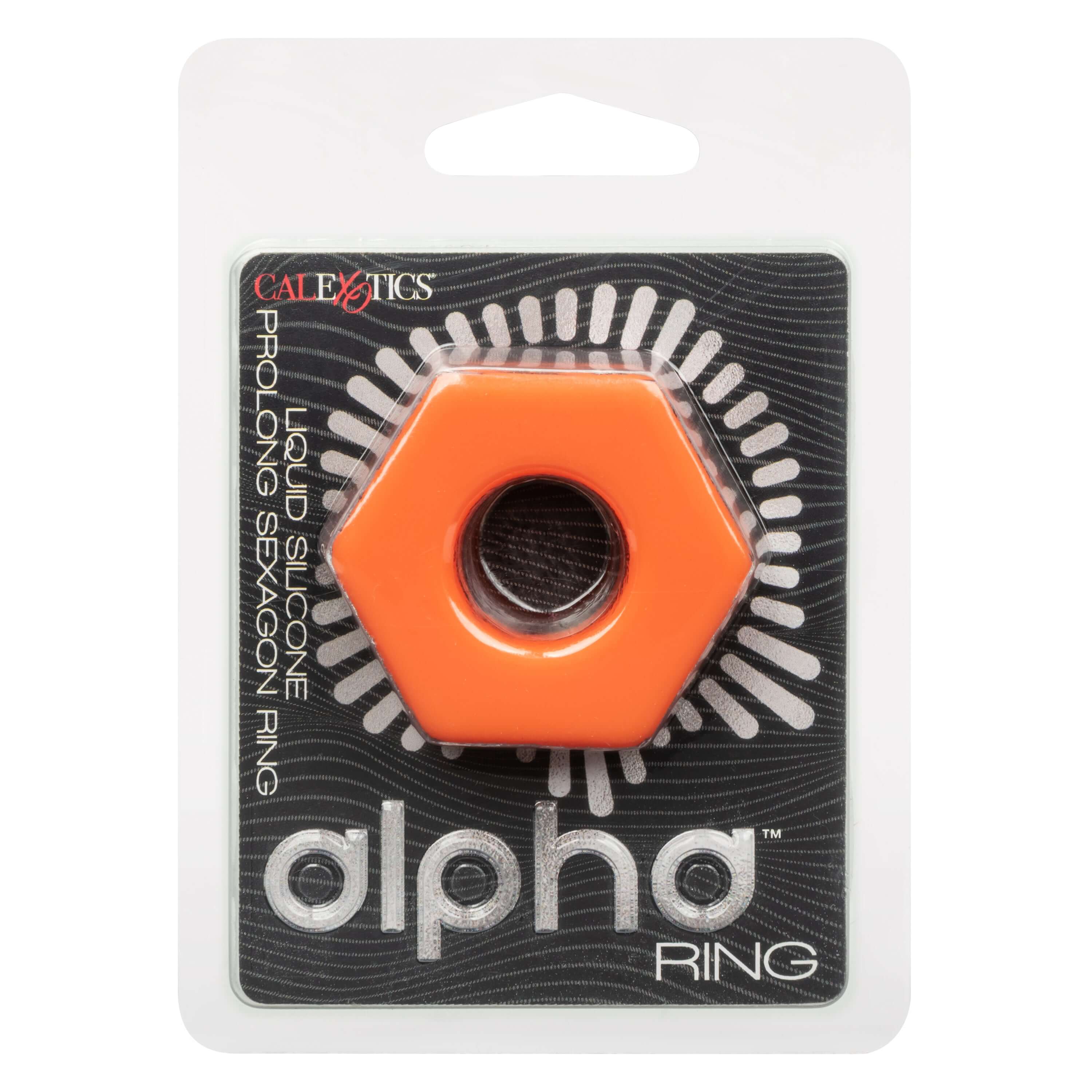 Alpha Liquid Silicone Prolong Sexagon Ring Orange packaging with hexagon shape in bright orange color.