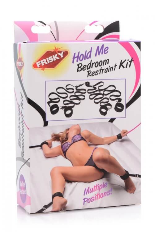 Frisky Hold Me Under the Bed Restraint System packaging featuring a bedroom restraint kit design.