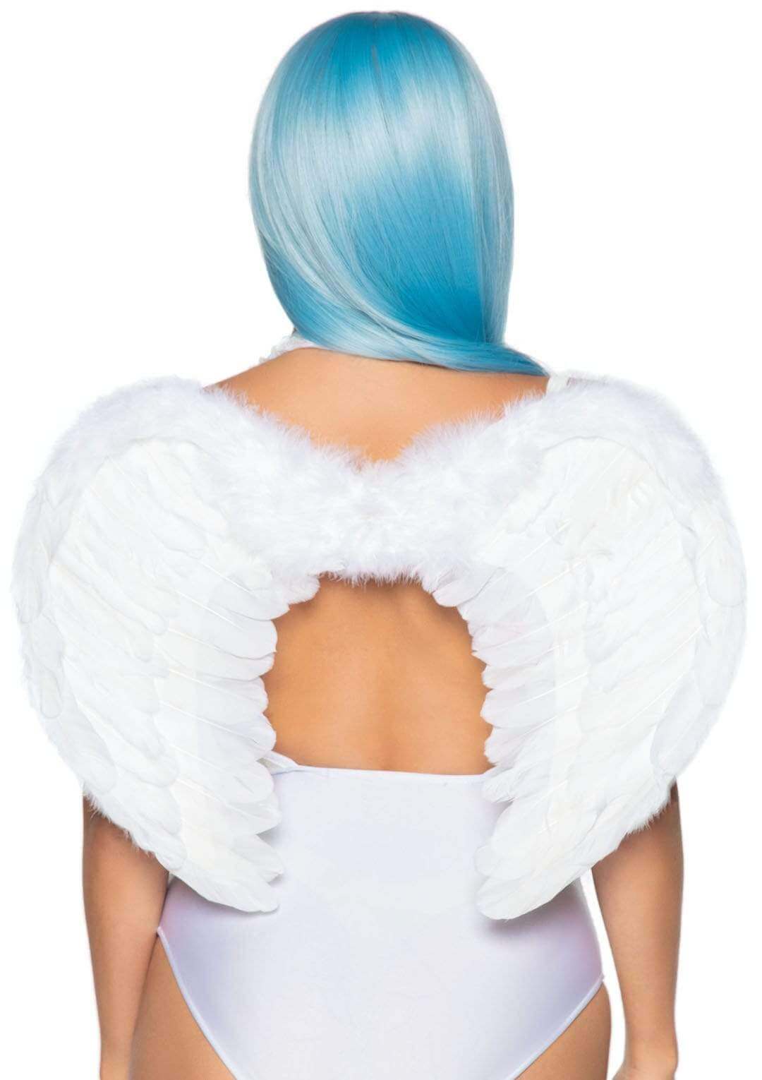 Leg Avenue Marabou Trimmed Feather Wings White on a model with blue hair, showcasing elegant angel wings.