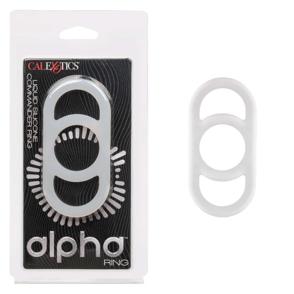 Alpha Liquid Silicone Commander Ring in packaging and out for display. Boost endurance and pleasure with this stretchy and durable enhancer.