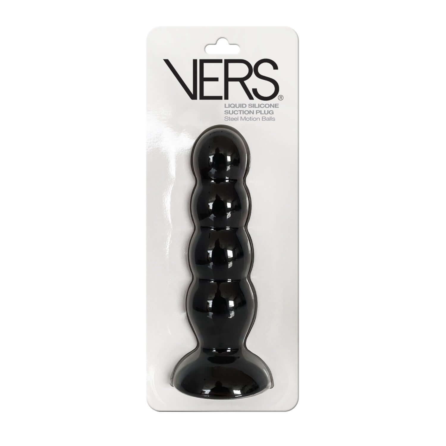 Vers Liquid Silicone Suction Plug with Steel Motion Balls in Black Packaging