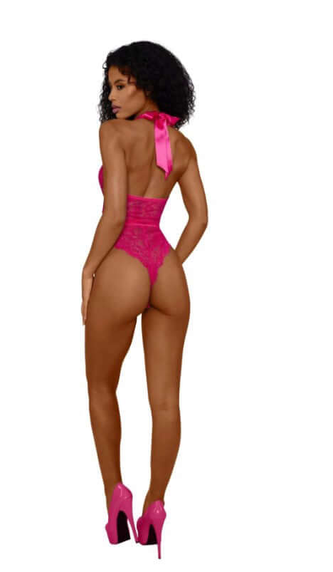 Dreamgirl Tiana Lace Teddy With Satin Tie S M Azalea shown in azalea color with satin tie at the back.