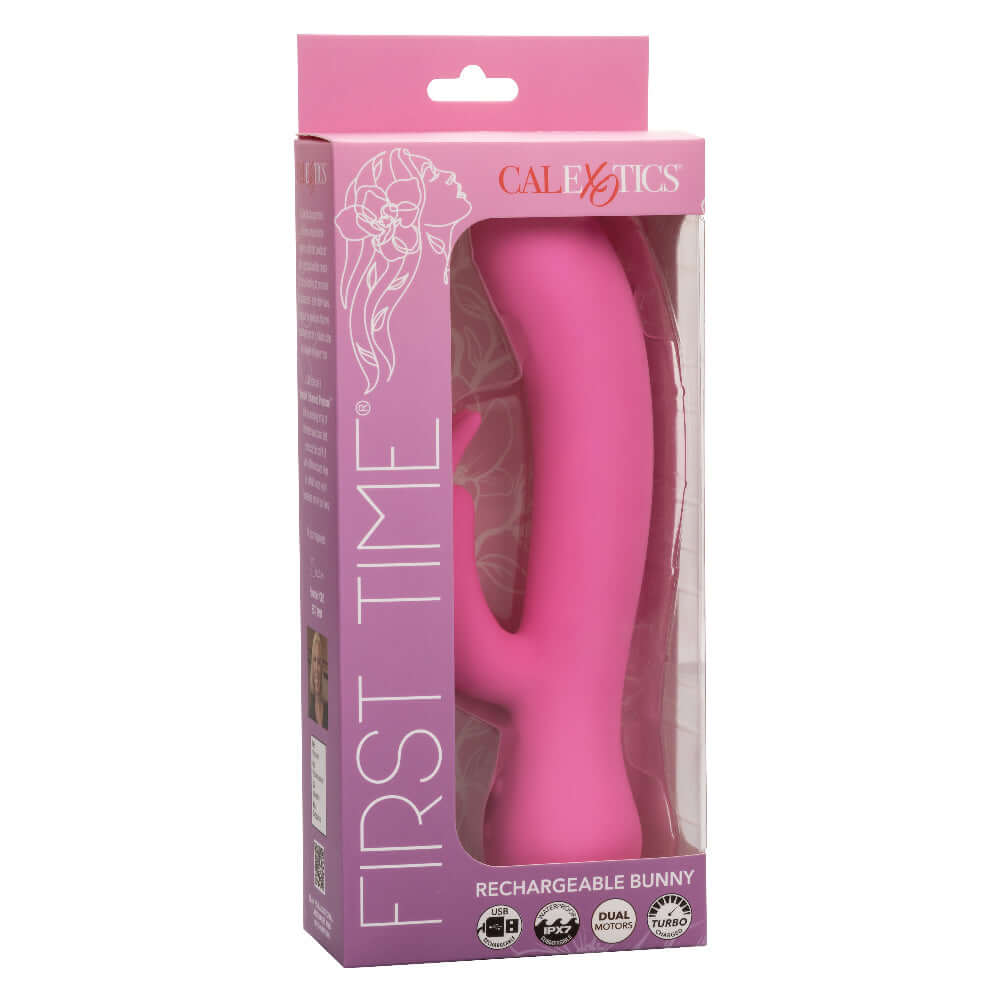 Packaging of the pink First Time Rechargeable Bunny dual stimulation vibe with turbo boost highlighting its dynamic range of intensities.