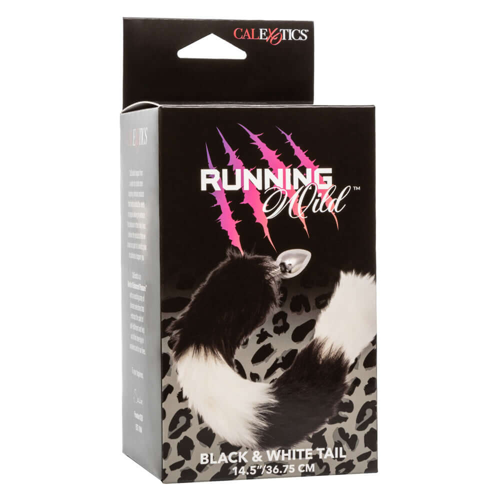 Running Wild Tail Butt Plug Black White packaging featuring sleek design and luxurious black and white tail.