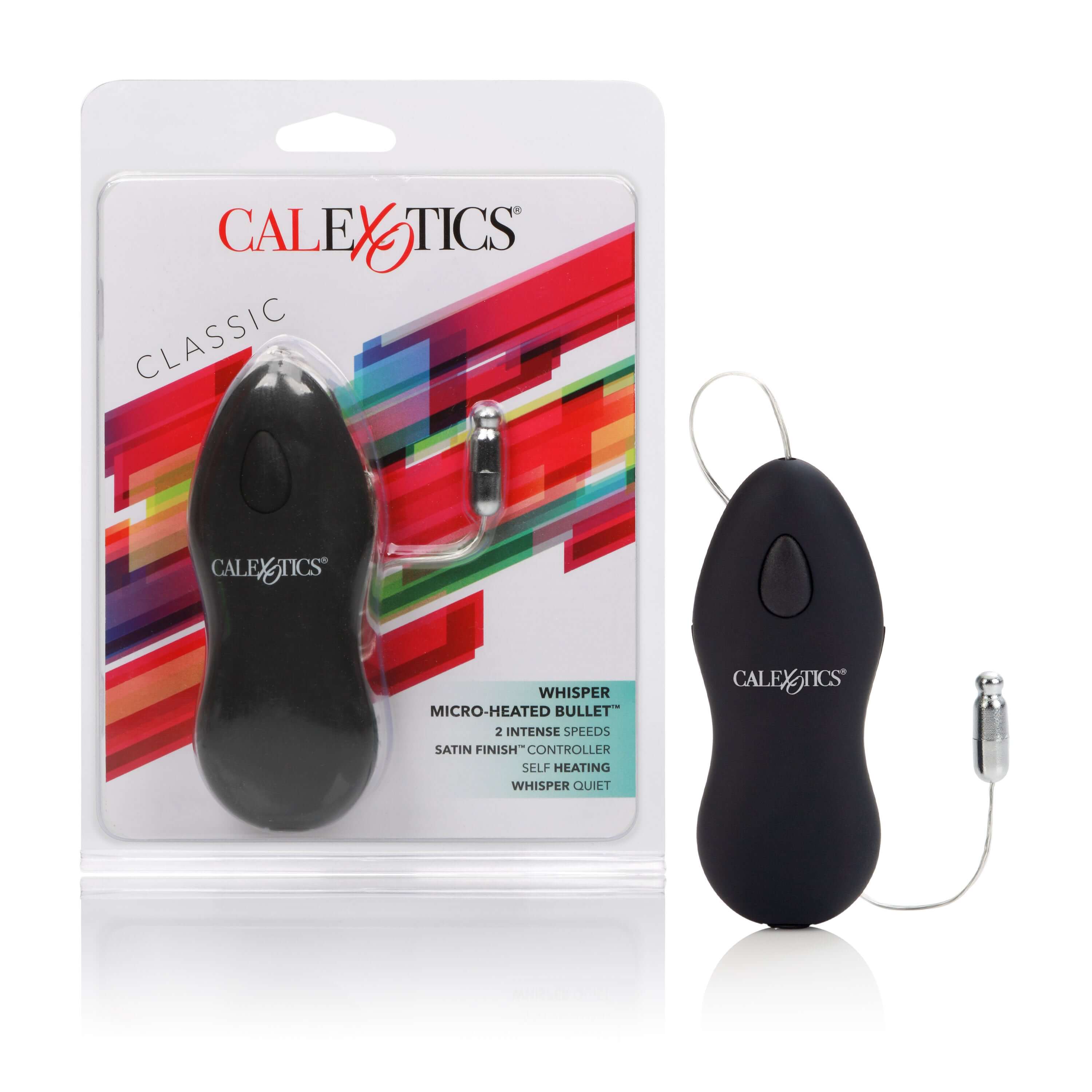 Whisper Micro Heated Bullet Vibrator Black packaging and product showing a discreet design for pinpoint stimulation.