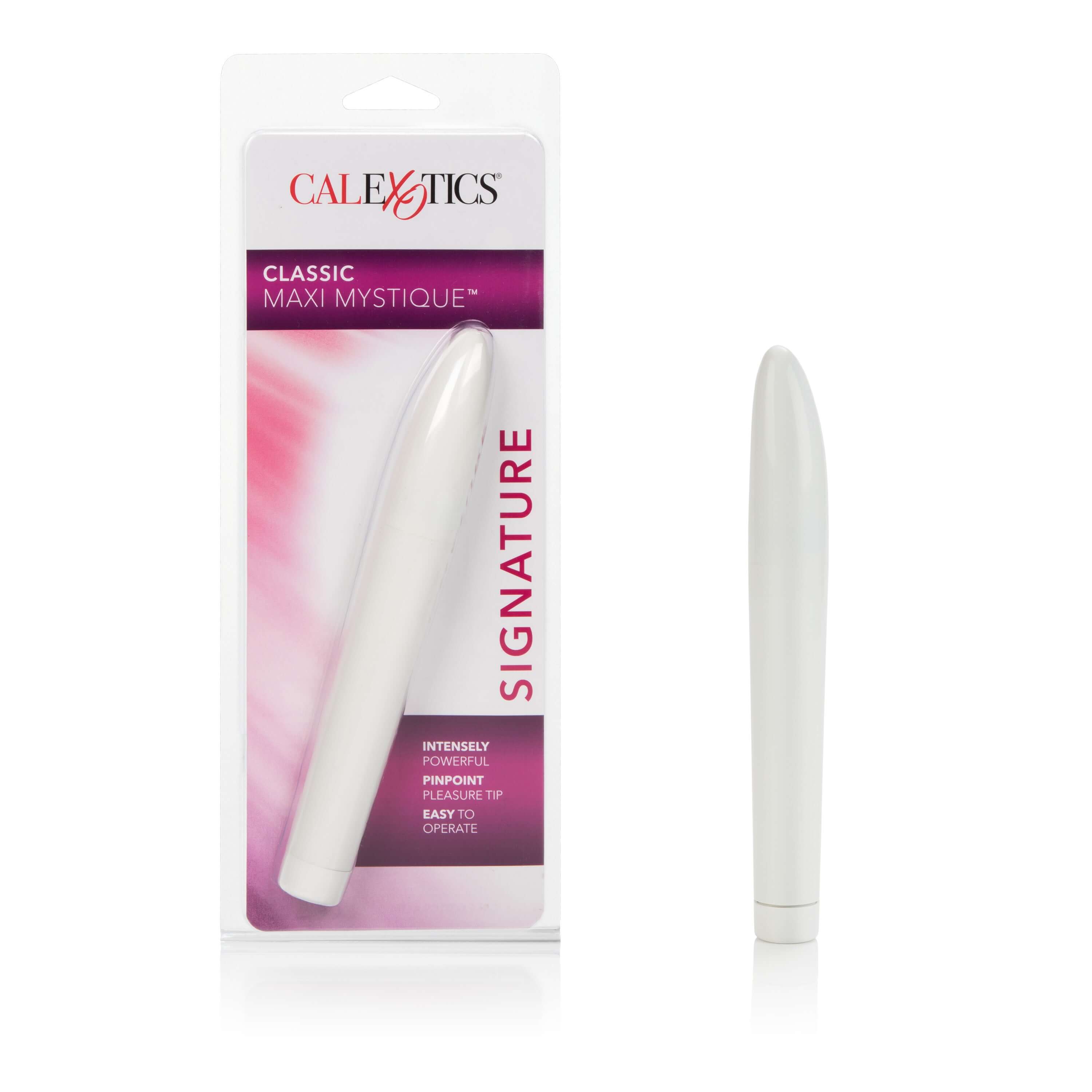 Classic Chic Maxi Mystique Hard Vibrator White in packaging, sleek design, powerful performance.