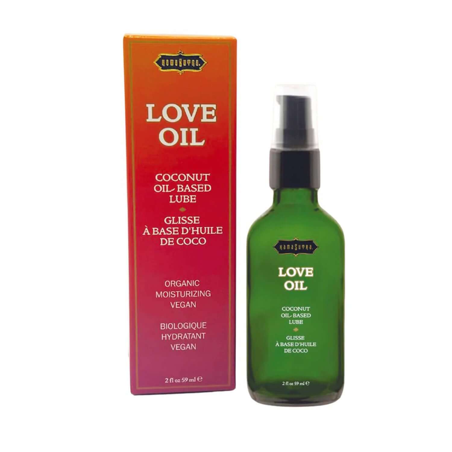 Kama Sutra Love Oil Coconut Oil-Based Lube, 2 oz Bottle and Packaging